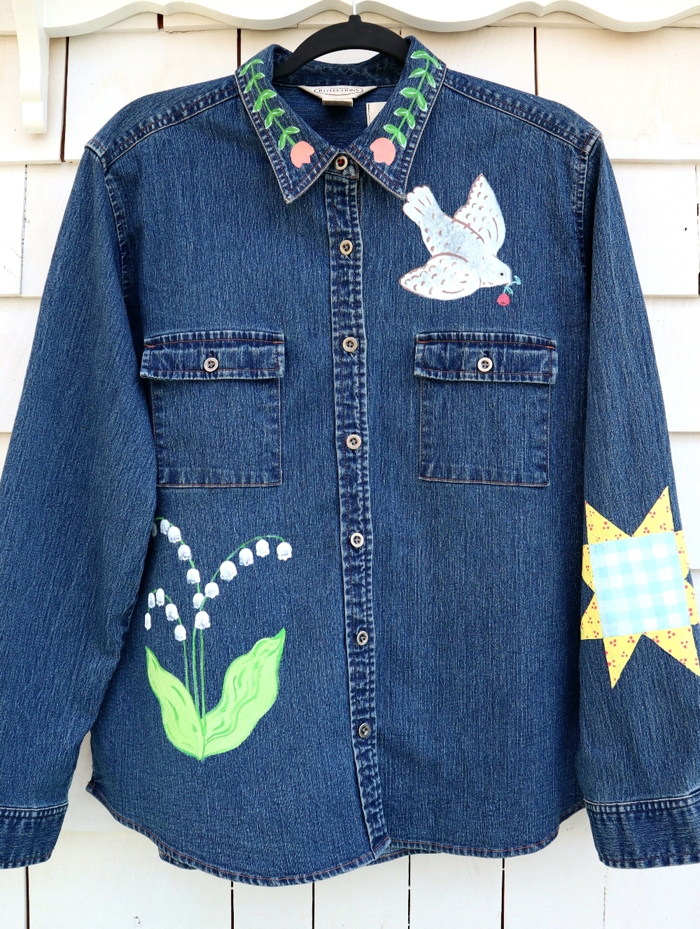 Hand Painted Denim Jacket With Quilt Block Appliqué M • L